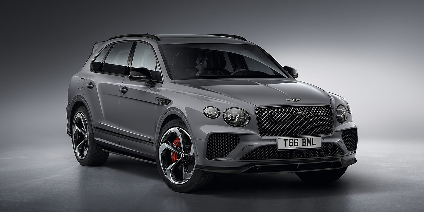 Bentley Santiago Bentley Bentayga S in Cambrian Grey paint front three - quarter view with dark chrome matrix grille and featuring elliptical LED matrix headlights. 