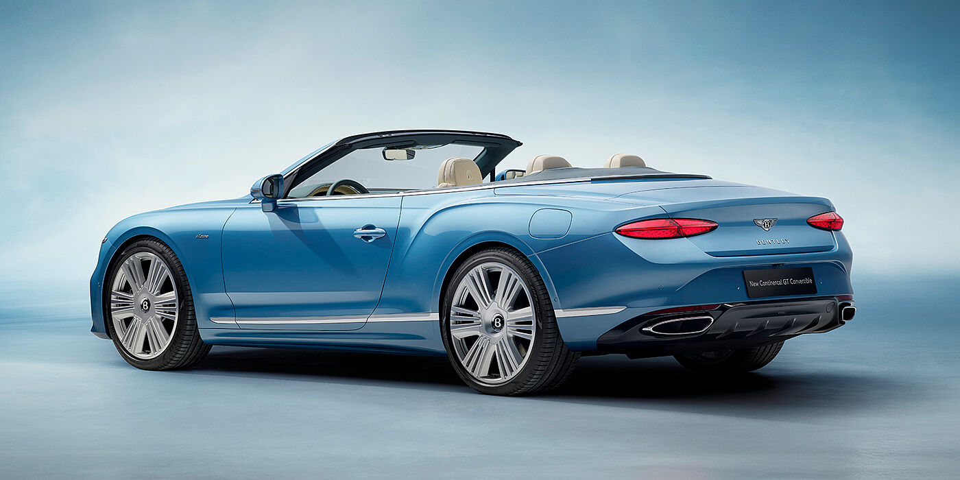 Bentley Santiago New Bentley Continental GTC Azure convertible rear view in Light Windsor blue paint with 22 inch ten spoke wheels and chrome exterior details