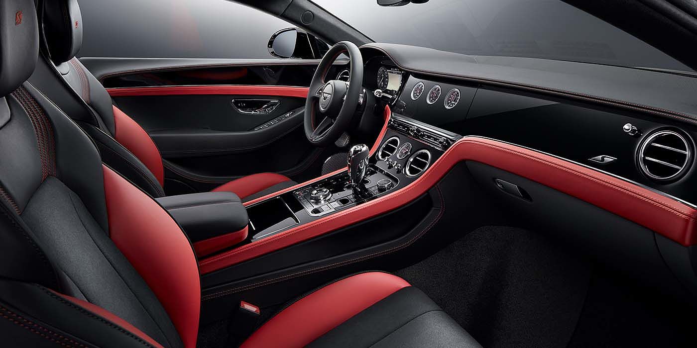 Bentley Santiago Bentley Continental GT S coupe front interior in Beluga black and Hotspur red hide with high gloss Carbon Fibre veneer