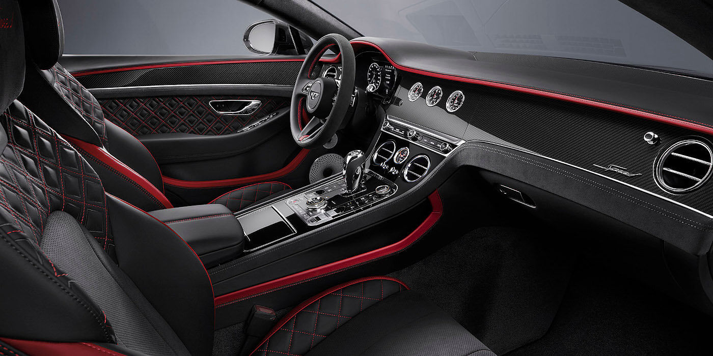 Bentley Santiago Bentley Continental GT Speed coupe front interior in Beluga black and Hotspur red hide
