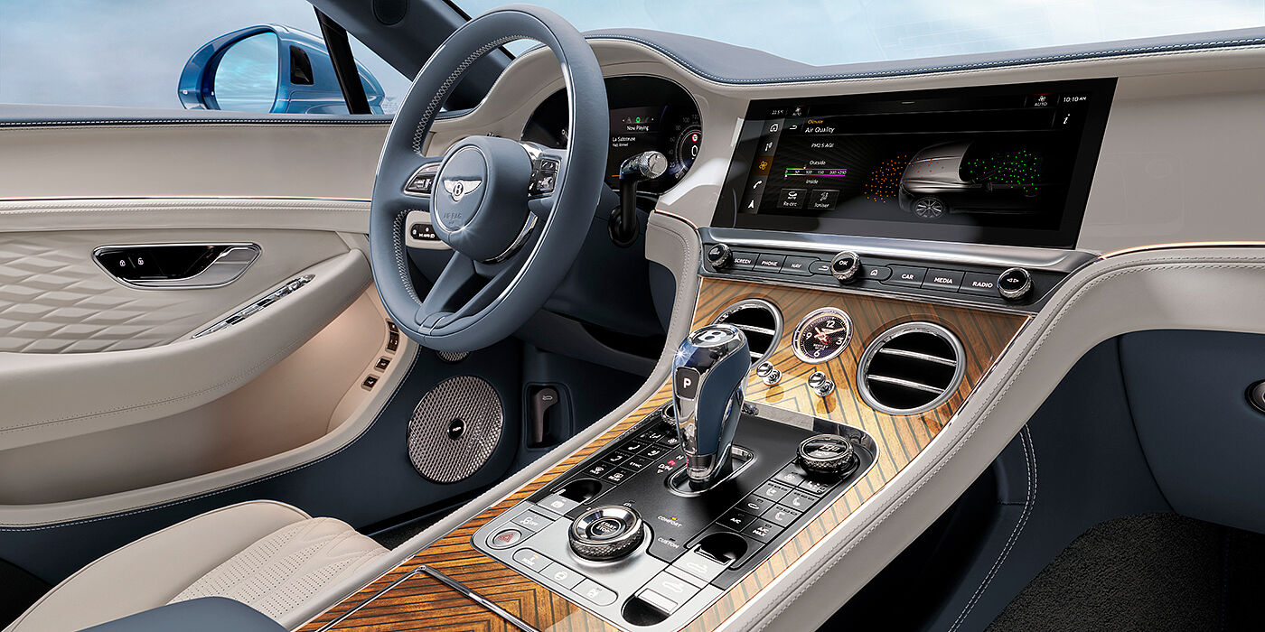 Bentley Santiago New Bentley Continental GTC Azure convertible interior front cabin view with Linen and Brunel hides and Piano Linen by Mulliner veneer featuring centre console and centre MMI screen