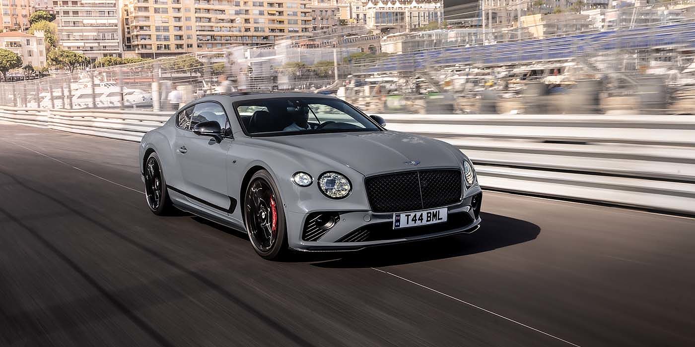 Bentley Santiago Bentley Continental GT S coupe in Cambrian Grey paint front 34 dynamic driving on track
