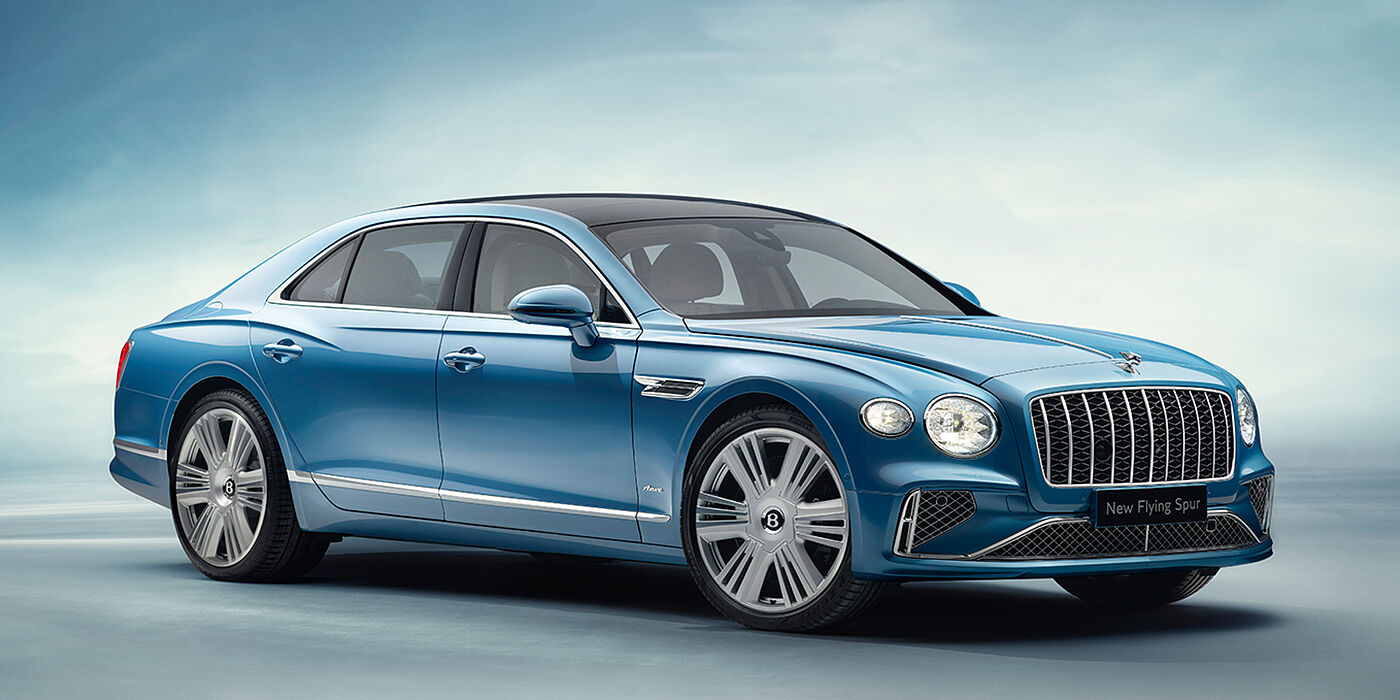 Bentley Santiago New Bentley Flying Spur Azure sedan front view in Light windsor blue by Mulliner paint with 22 inch Azure wheels and chrome exterior details