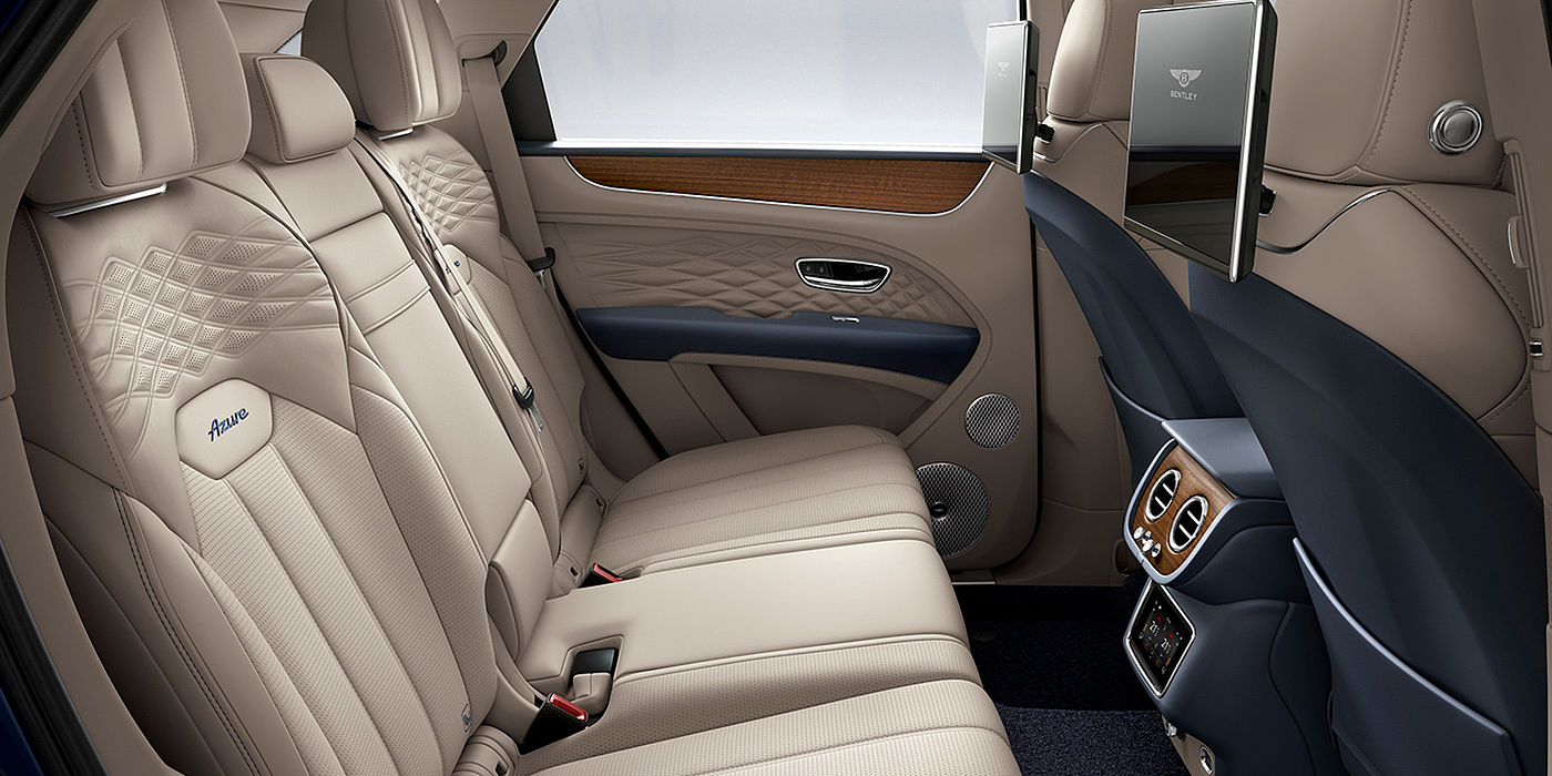 Bentley Santiago Bentey Bentayga Azure interior view for rear passengers with Portland hide and Rear Seat Entertainment. 