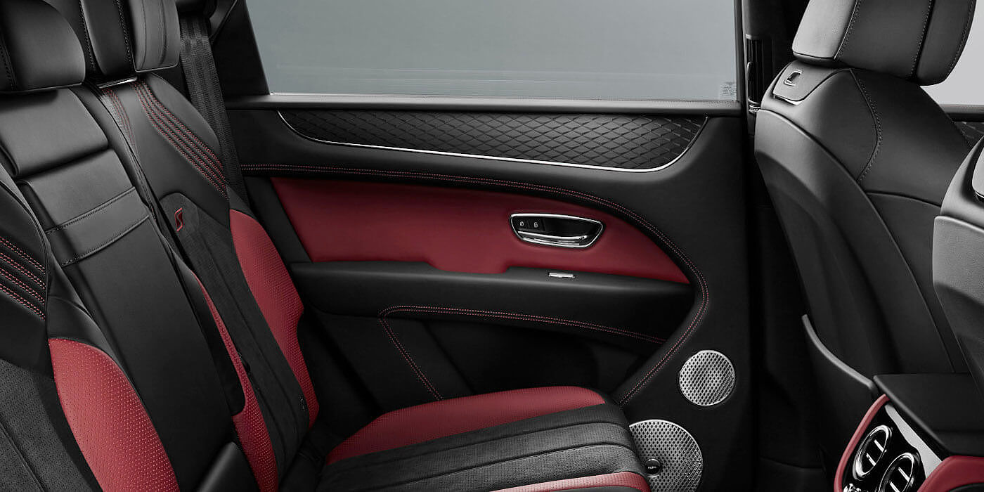 Bentley Santiago Bentley Bentayga S SUV rear interior in Beluga black and Hotspur red hide