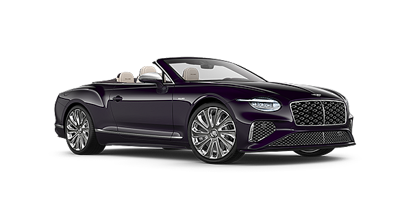 Bentley Santiago Bentley New Continental GTC Mulliner convertible front three quarter view in Damson paint with 22 inch Mulliner painted and polished wheel