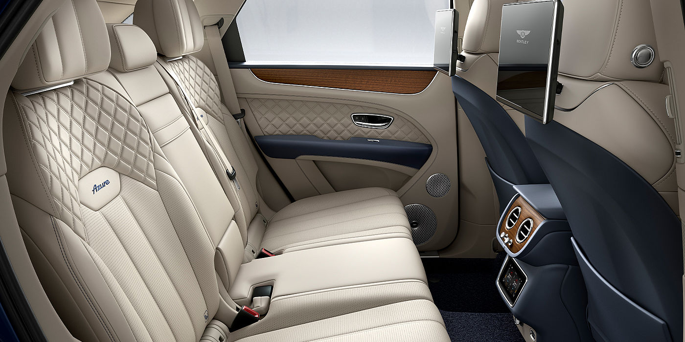 Bentley Santiago Bentley Bentayga Azure SUV rear interior in Imperial Blue and Linen hide