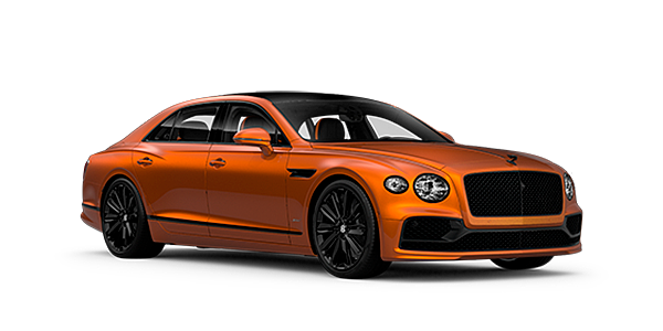 Bentley Santiago Bentley Flying Spur Speed front side angled view in Orange Flame coloured exterior. 