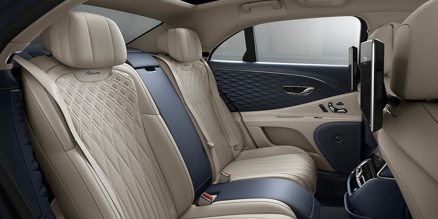 Bentley Santiago Bentley Flying Spur Azure sedan rear interior in Imperial Blue and Linen hide