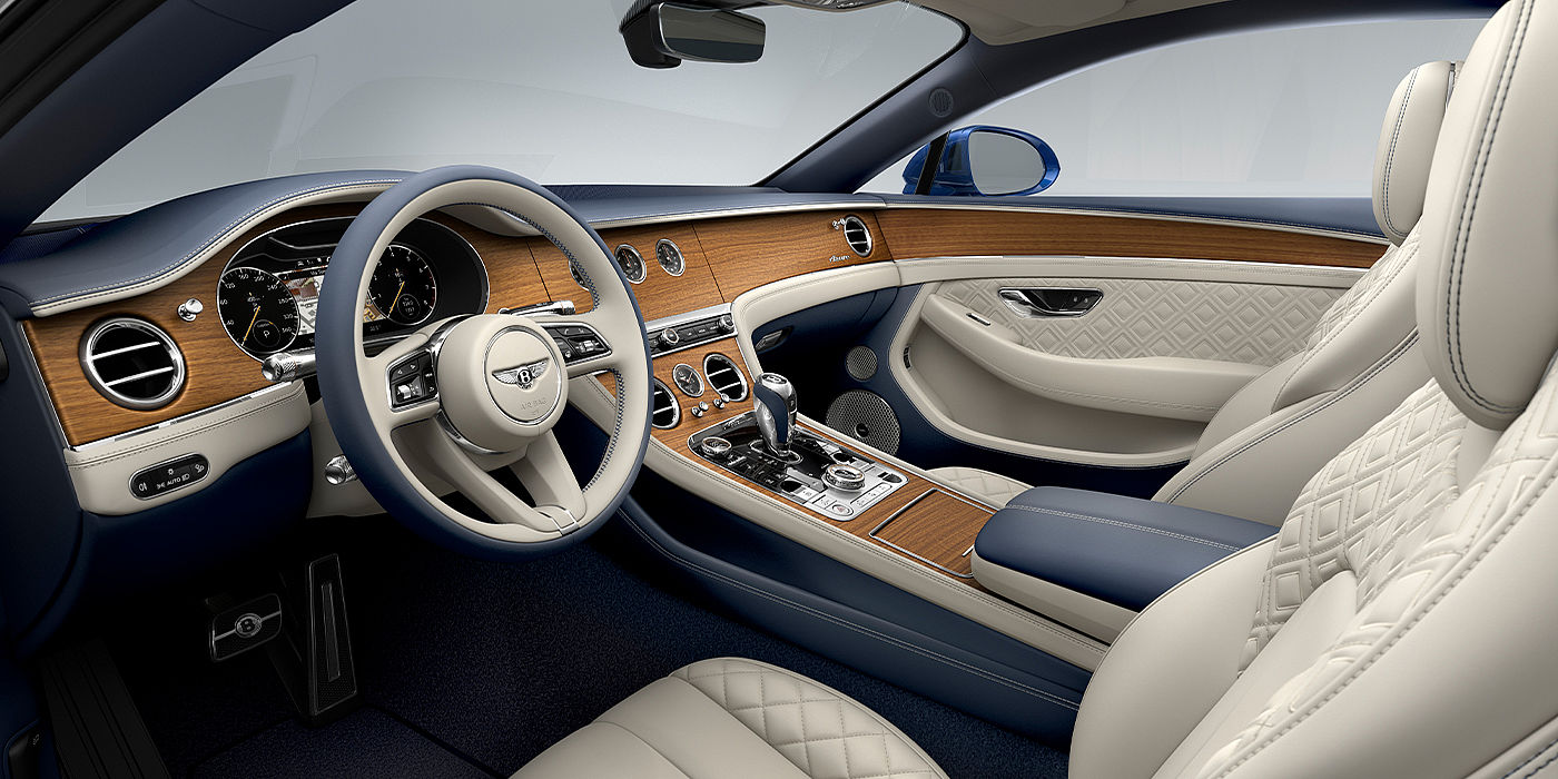Bentley Santiago Bentley Continental GT Azure coupe front interior in Imperial Blue and linen hide