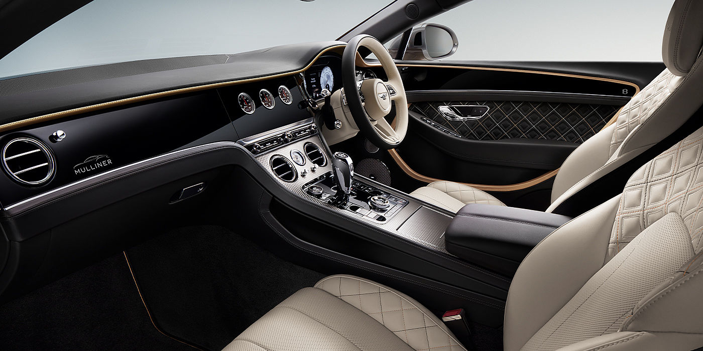 Bentley Santiago Bentley Continental GT Mulliner coupe front interior in Beluga black and Linen hide