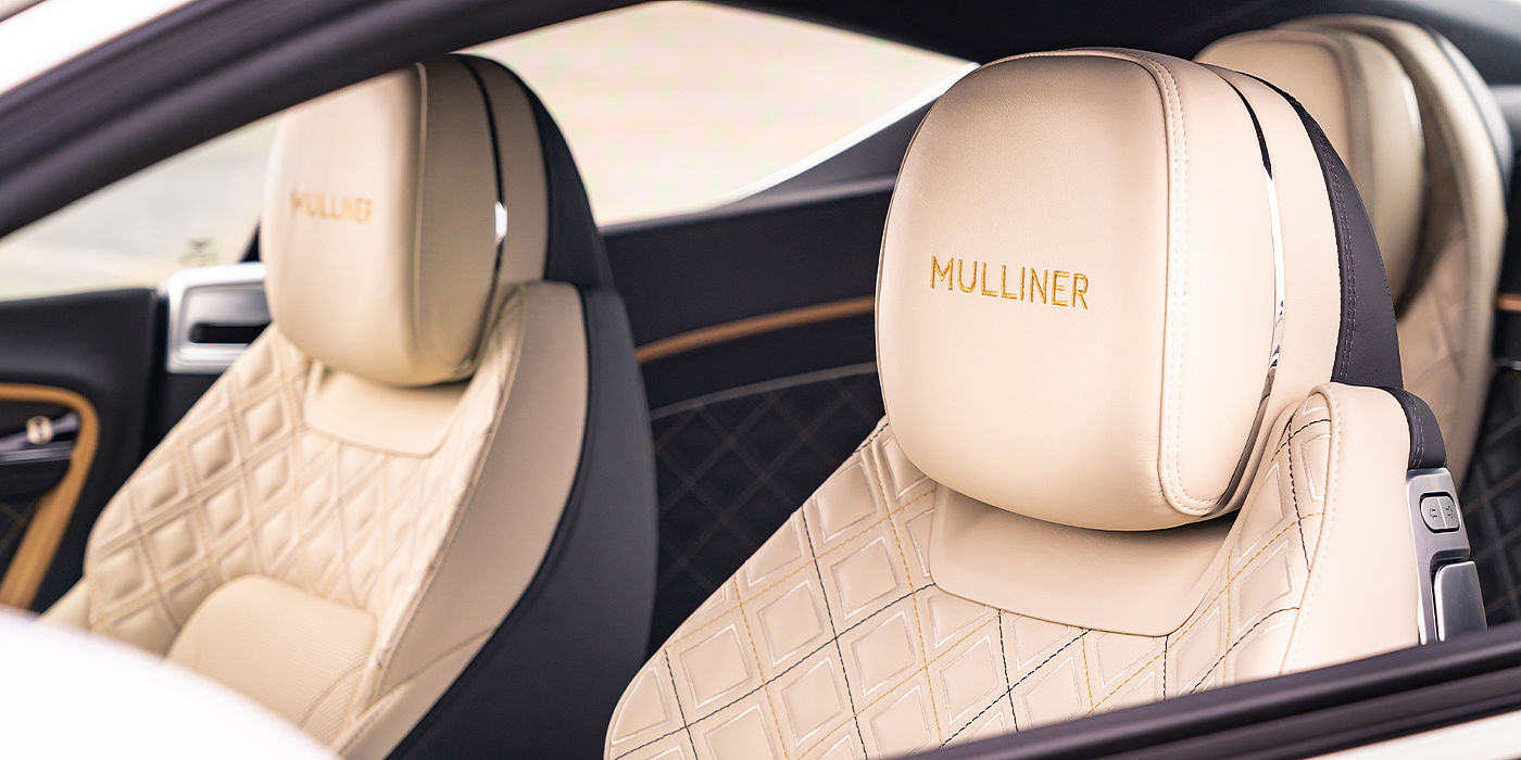 Bentley Santiago Bentley Continental GT Mulliner coupe seat detail in Beluga black and Linen hide