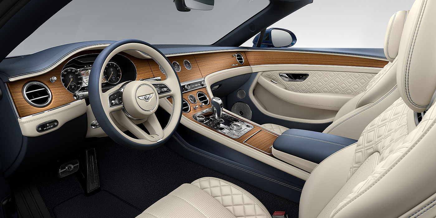 Bentley Santiago Bentley Continental GTC Azure convertible front interior in Imperial Blue and Linen hide