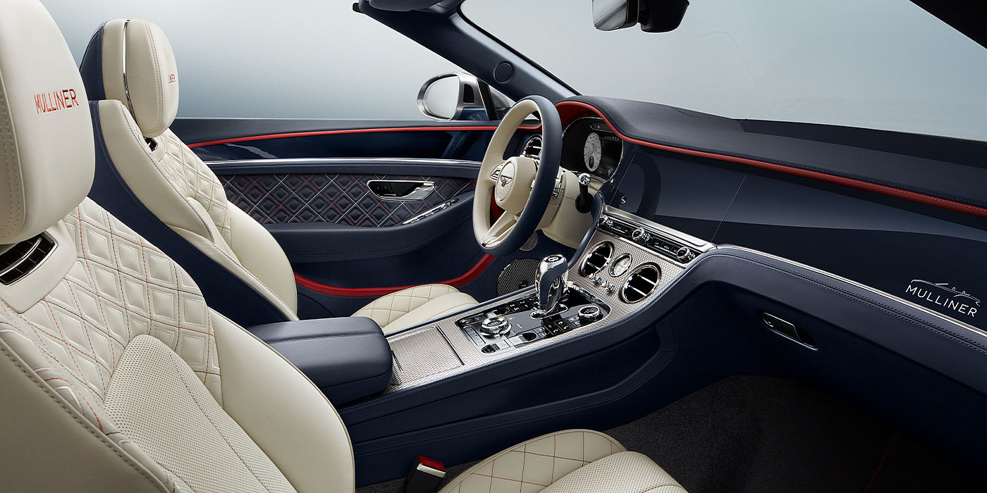 Bentley Santiago Bentley Continental GTC Mulliner convertible front interior in Imperial Blue and Linen hide
